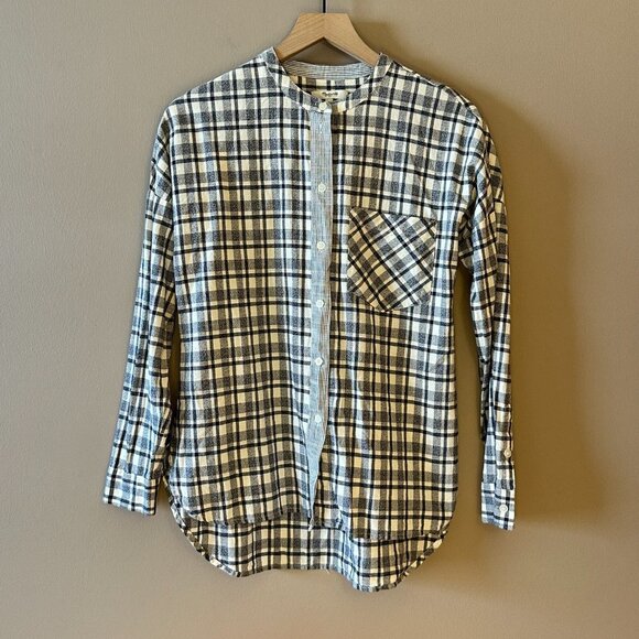 Women's S Madewell Dossier Plaid Collarless Button Down Blue Striped Trim - Picture 2 of 8